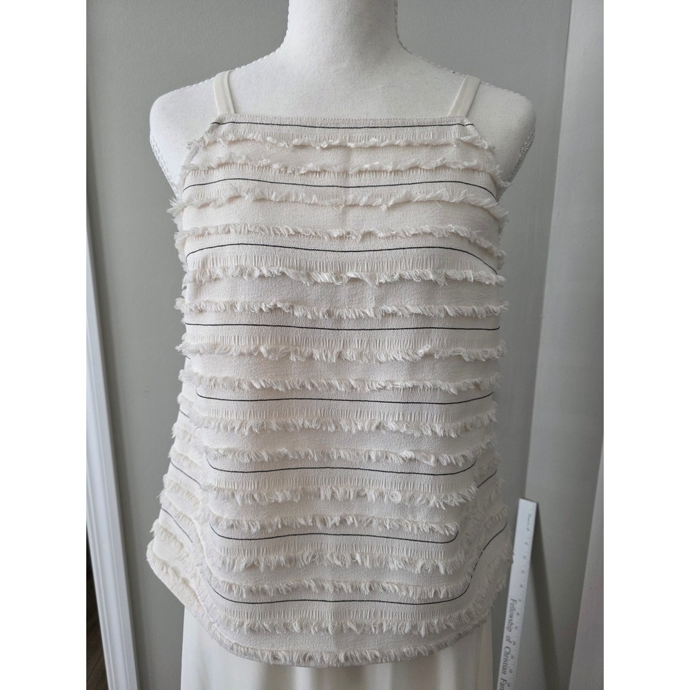 Maeve Anthropologie Cream Fringed Striped Square Neck Tank Top Sz 2 Keyhole Back